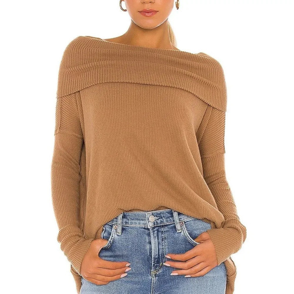 Free People Brown Sweater Off the Shoulder Cowl Neck Knit Ribbed Top Shirt Tan - Picture 2 of 10